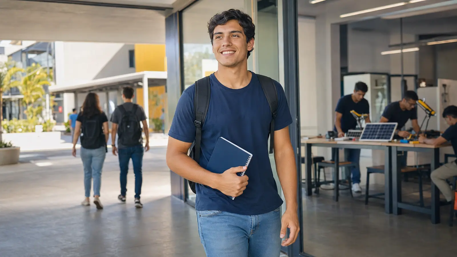 Estudante chegando a um ambiente de formação profissional